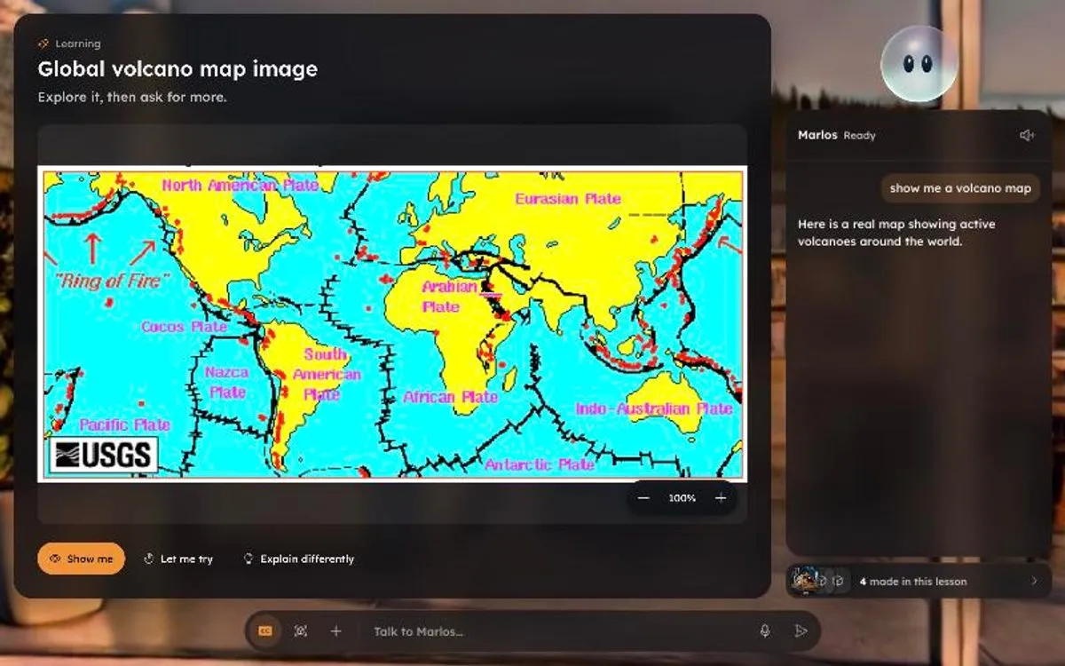 A screenshot of the Marlos app: a real map of the world's volcanoes beside the conversation with Marlos